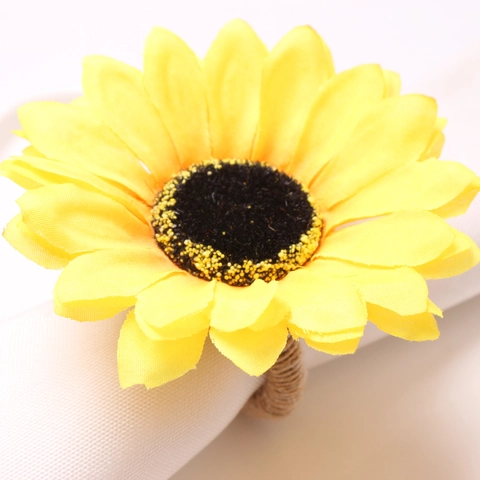 Ronds de Serviette Tournesol Artificiels en Tissu Jaune Avec Corde de Chanvre pour Mariage Fête Décoration de Table