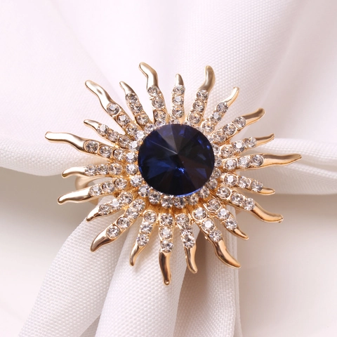 Sunray Napkin Ring Alloy Blue Glass Stone Rhinestone Sparkly Flower Buckle Holder For Wedding Banquet Dining Table Decor