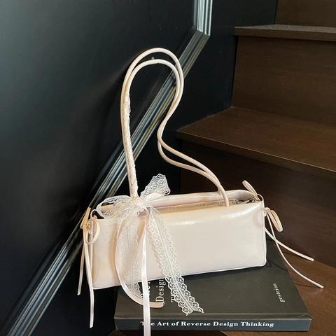 Borsa Baguette in Pelle PU Minimalista per Donna Dolce Fiocco in Pizzo Borsa Sottobraccio Borsa a Tracolla alla Moda