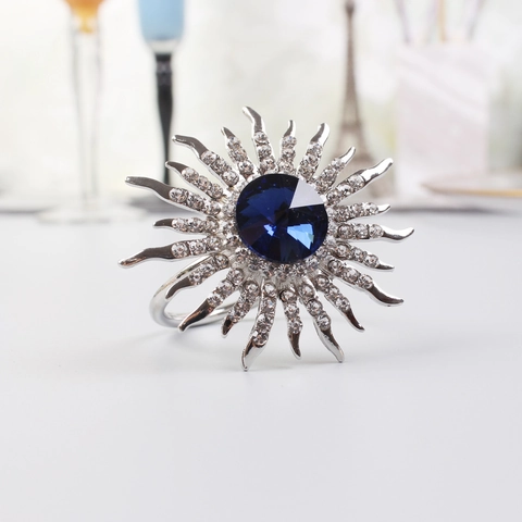 Sunray Napkin Ring Alloy Blue Glass Stone Rhinestone Sparkly Flower Buckle Holder For Wedding Banquet Dining Table Decor
