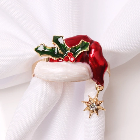 Servilleteros De Navidad Sombrero De Papá Noel Diseño Aleación Esmalte Con Colgante De Estrella De Diamantes De Imitación Para Decoración De Mesa
