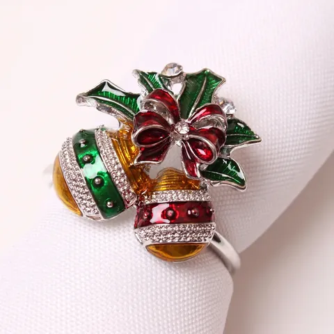 Christmas Napkin Rings Alloy Enamel Rhinestone Reindeer Tree Sock Bell Festive Table Decor Dinner Holiday Accessory