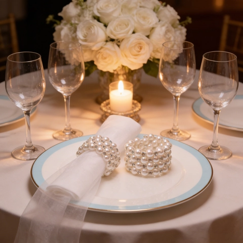 Ronds De Serviette Élégants En Künstliche Perles Et Strass Alliage Support À Künstliche Perles Multirangées Pour Mariage Hôtel Décoration De Table