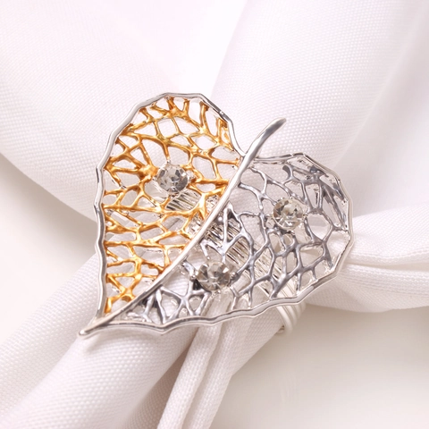 Portatovaglioli A Foglia Cuore Colore Oro E Argento Cavo Lega Di Zinco Fibbia Con Strass Per Matrimonio San Valentino Tavola