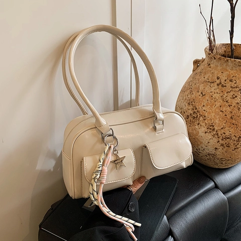 Bolso de Hombro de Axila de Cuero PU Brillante Vintage Para Mujer Doble Bolsillo Colgante Estrella Metal Bolso Moda
