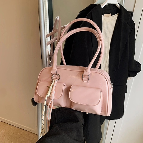 Bolso de Hombro de Axila de Cuero PU Brillante Vintage Para Mujer Doble Bolsillo Colgante Estrella Metal Bolso Moda