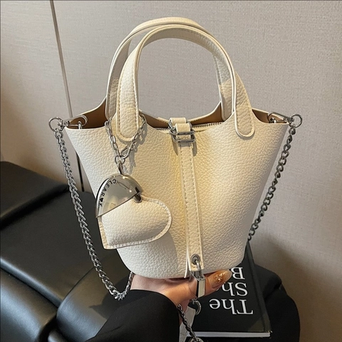 Women Litchi Pattern PU Leather Bucket Bag With Metal Lock Chain Shoulder Strap Casual Commuter Handbag Crossbody Bag