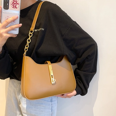 Women Vintage PU Leather Hobo Bag Gold Chain Underarm Shoulder Handbag Minimalist Chic Solid Color Piston Clasp Daily