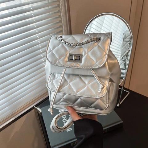 Mini Mochila de Cuero PU Acolchada para Mujer Moda Correa de Cadena de Rombos Cierre de Giro Bolso de Hombro Pequeño Casual