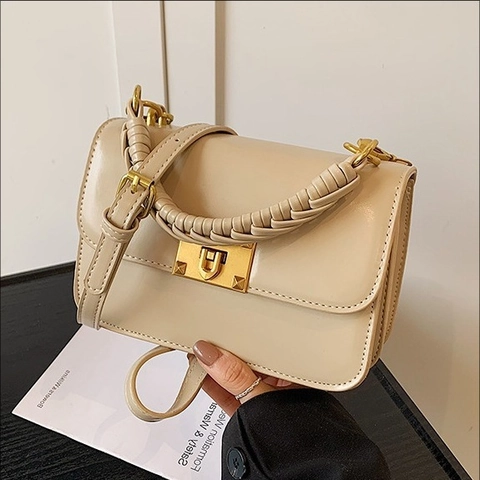Bolso Bandolera para Mujer de Cuero PU con Asa Tejida y Cerradura Dorada Bolso de Hombro Cuadrado Bolso de Mano Urbano Diario