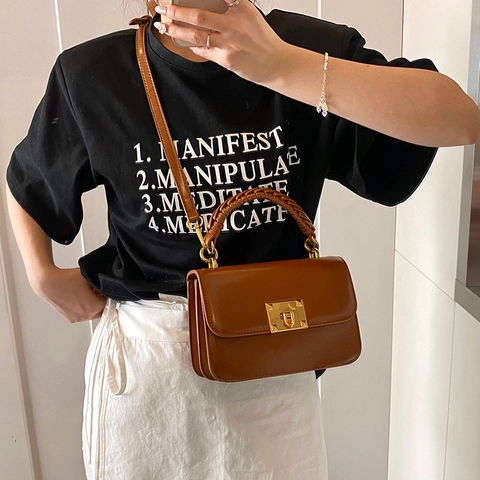 Bolso Bandolera para Mujer de Cuero PU con Asa Tejida y Cerradura Dorada Bolso de Hombro Cuadrado Bolso de Mano Urbano Diario