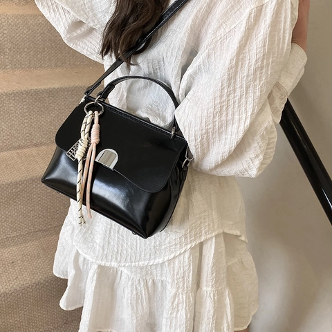 Vintage PU Leather Square Crossbody Bag For Women Fashion Solid Color Shoulder Handbag With Lock Charm Daily Casual Top Handle Bag