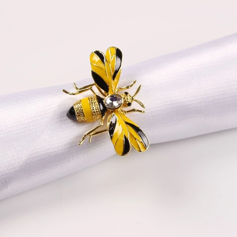 Rond De Serviette En Forme D'Abeille Alliage Émail Strass Décoration De Table Ton Or Pour Mariage Dîner Fête Élégant