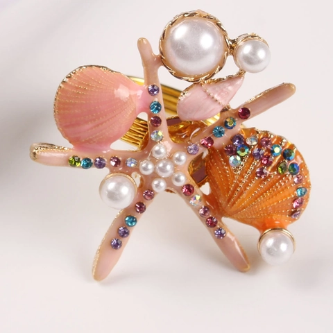 Portatovaglioli Lega Smalto Stella Marina Conchiglia Imitazione Perla Artificial Strass Placcato Oro Matrimonio Decorazione Tavola