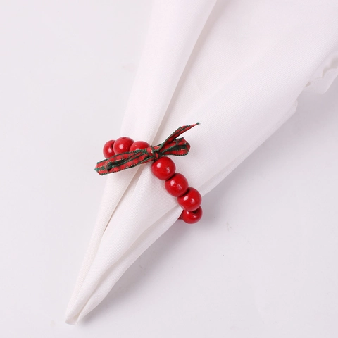 Ronds De Serviette De Noël Perles En Bois Rouges Et Nœud En Tissu À Carreaux Vert Décoration De Table Fête Décor De Dîner
