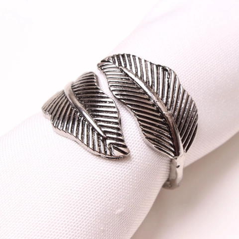 Vintage Alloy Leaf Feather Napkin Ring Set Antique Gold Silver Electroplated Table Decoration For Wedding Banquet Party