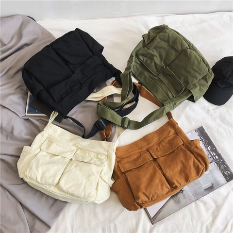 Sac Messager en Toile Grande Capacité Multi-Poches Bandoulière Style Workwear Japonais Sac à Épaule Décontracté Navettage Femmes