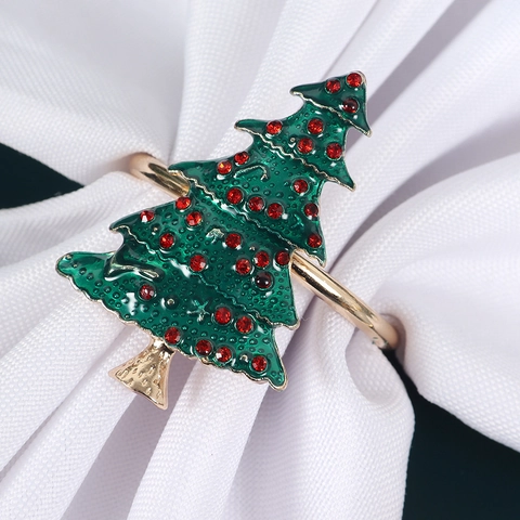 Servilletero Árbol De Navidad Aleación Esmalte Diamante De Imitación Soporte Decoración De Mesa Fiesta Cena Verde Oro Festivo