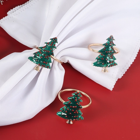 Servilletero Árbol De Navidad Aleación Esmalte Diamante De Imitación Soporte Decoración De Mesa Fiesta Cena Verde Oro Festivo
