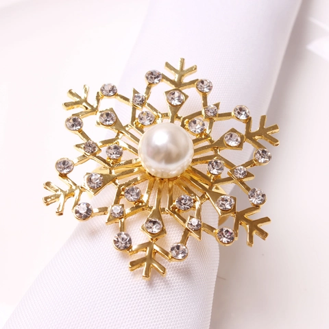 Snowflake Napkin Ring Alloy Faux Artificial Pearl Rhinestone Gold Christmas Wedding Banquet Holiday Party Table Decor Elegant Luxury
