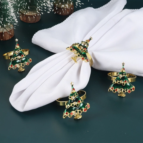 Green Enamel Christmas Tree Napkin Rings Gold Alloy Rhinestone Table Decorations For Holiday Dining Party Banquet Decor