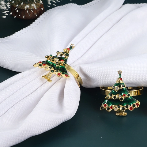 Green Enamel Christmas Tree Napkin Rings Gold Alloy Rhinestone Table Decorations For Holiday Dining Party Banquet Decor
