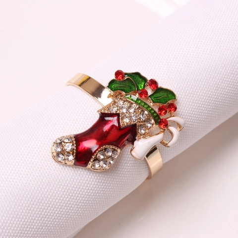 Christmas Napkin Rings Alloy Enamel Rhinestone Reindeer Tree Sock Bell Festive Table Decor Dinner Holiday Accessory