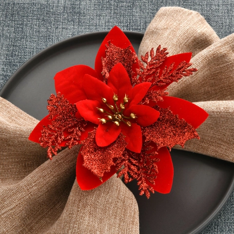 Anillos Para Servilletas De Navidad Flor De Pascua Reno Copo De Nieve Metal Tela Decoración De Mesa Fiesta