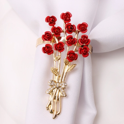 Rose Napkin Ring Alloy Flower Rhinestone Bow Romantic Valentine Wedding Dinner Table Decoration Luxury