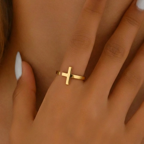 Anello Croce Acciaio Inossidabile Placcato Oro 18K Regolabile Aperto Retro Hip Hop Gioielli Minimalisti Unisex