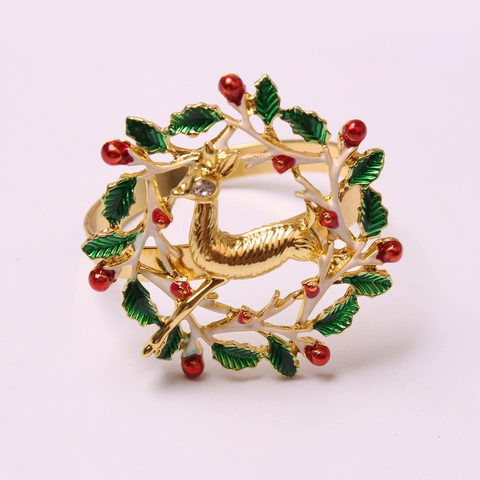 Christmas Napkin Rings Reindeer Wreath Design Alloy Enamel Rhinestone For Holiday Party Table Decor Dinner Wedding