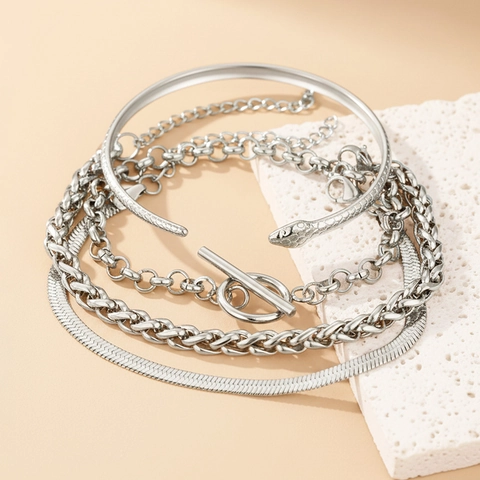 Snake Head Cuff Herringbone Wheat Round Link Chain Stainless Steel Bracelet Fashion Jewelry Accessory