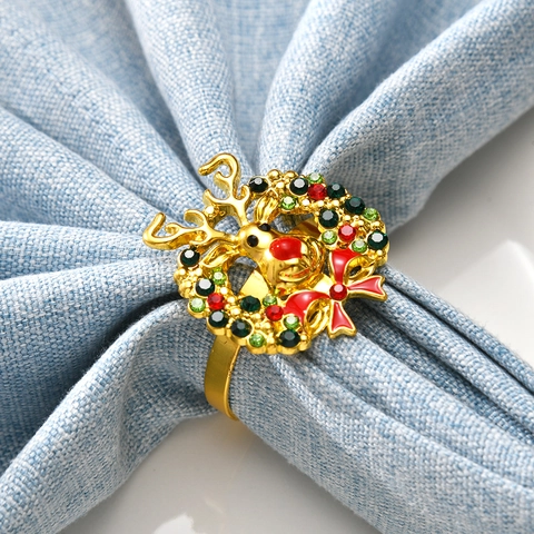 Rond De Serviette Renne De Noël Alliage Strass Émail Tête De Renne Couronne Nœud Décoration De Table Fête