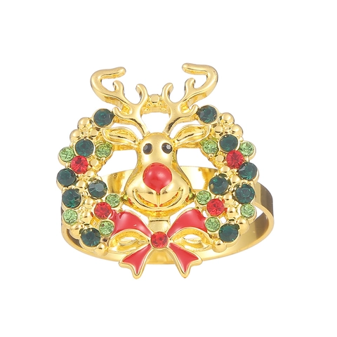 Rond De Serviette Renne De Noël Alliage Strass Émail Tête De Renne Couronne Nœud Décoration De Table Fête