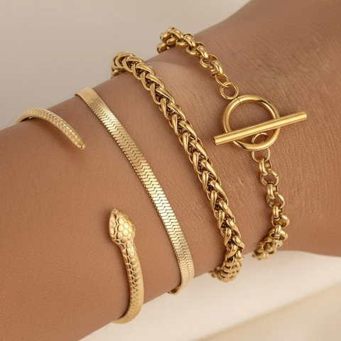 Snake Head Cuff Herringbone Wheat Round Link Chain Stainless Steel Bracelet Fashion Jewelry Accessory