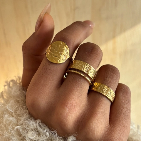 Stainless Steel Hammered Rings Geometric Irregular Open Adjustable Punk Retro Hip Hop Minimalist Jewelry For Women