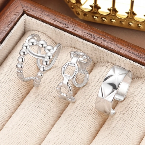 Stainless Steel Rings 18K Gold Plated Quilted Rhombus Texture Chain Link Double Layer Beads Open Adjustable Jewelry Women