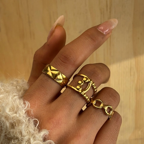 Stainless Steel Rings 18K Gold Plated Quilted Rhombus Texture Chain Link Double Layer Beads Open Adjustable Jewelry Women
