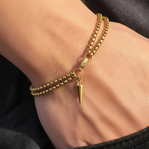 Stainless Steel Double Layer Box Chain Bracelet With Cone Spike Pendant 18K Gold Plated Punk Hip Hop Jewelry For Men Women