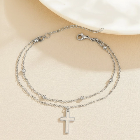 Double Layer Anklet 18K Gold Plated Stainless Steel Cross Pendant Beads Fashion Beach Jewelry For Women