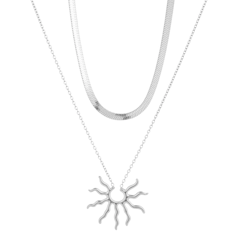 Collana A Doppio Strato Con Pendente A Sole Acciaio Inossidabile Catena A Serpiente Herringbone Stile Ins Gioielli Eleganti Donna