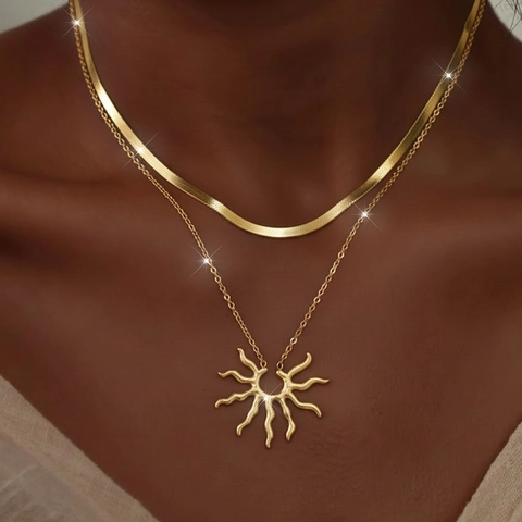 Collana A Doppio Strato Con Pendente A Sole Acciaio Inossidabile Catena A Serpiente Herringbone Stile Ins Gioielli Eleganti Donna