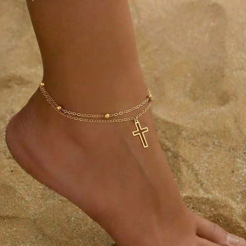 Double Layer Anklet 18K Gold Plated Stainless Steel Cross Pendant Beads Fashion Beach Jewelry For Women