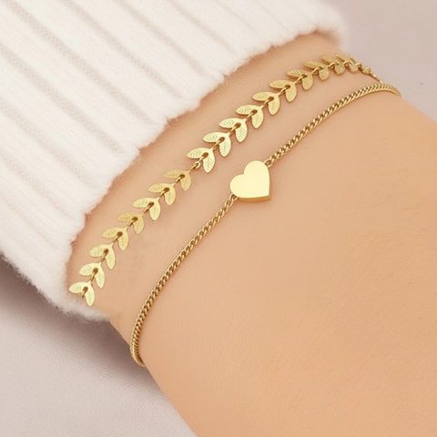 Pulsera De Doble Capa De Acero Inoxidable Para Mujer Colgante De Corazón Cadena De Hoja Trigo Joyería Bohemia Elegante Ajustable