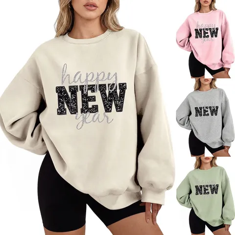 Women Oversized Sweatshirt Round Neck Long Sleeve Cotton Blend Happy New Year Sequin Letter Print Pullover Casual Thick Warm