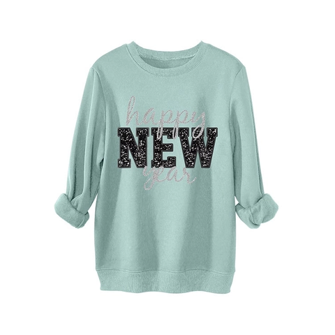 Women Oversized Sweatshirt Round Neck Long Sleeve Cotton Blend Happy New Year Sequin Letter Print Pullover Casual Thick Warm