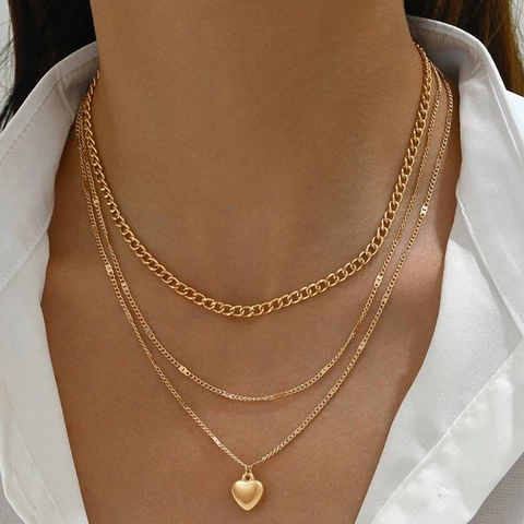 Collier Pendentif Cœur à Trois Couches en Acier Inoxydable pour Femme Élégante Chaîne Cubaine Or Argent Bijoux