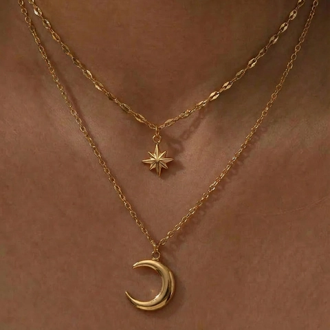 Layered Halskette Edelstahl Achtzackiger Stern Mond Anhänger Minimalistischer Leichter Luxus Schlüsselbein Kette Schmuck Damen