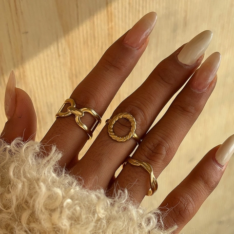 Verstellbare Offene Ringe 18K Vergoldeter Edelstahl Hohl Geometrisch Kette Gedreht Minimalistisch Vintage Schmuck Für Damen Herren