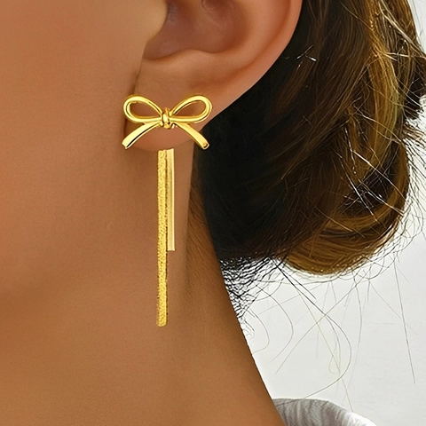 Edelstahl Schleife Quasten Ohrringe Vergoldet Lange Schlangenkette Tropfen Anhänger Mode Schmuck Für Damen